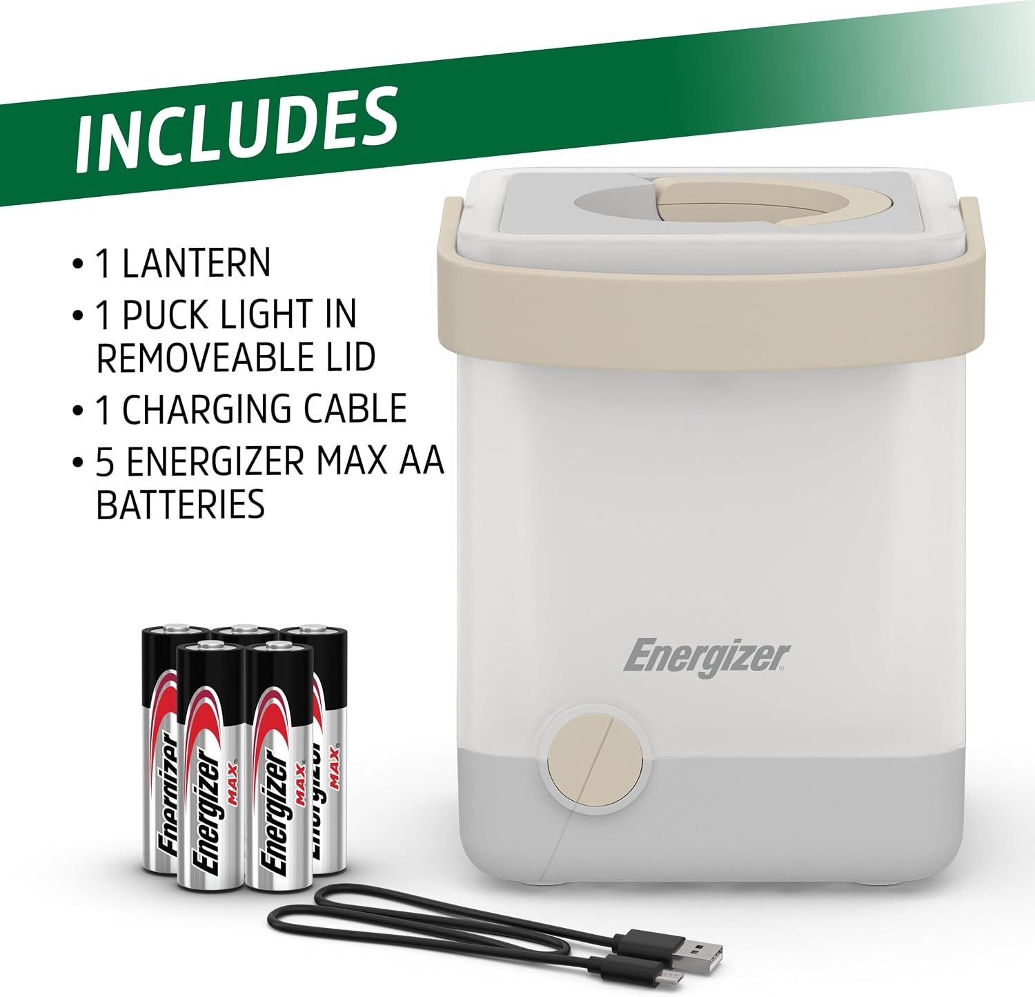 image:imageEnergizer LightxPower Cube Camping Lantern X1000 Lantern Dual Power Rechargeable and AA Battery IPX4 Water ResistantWhite