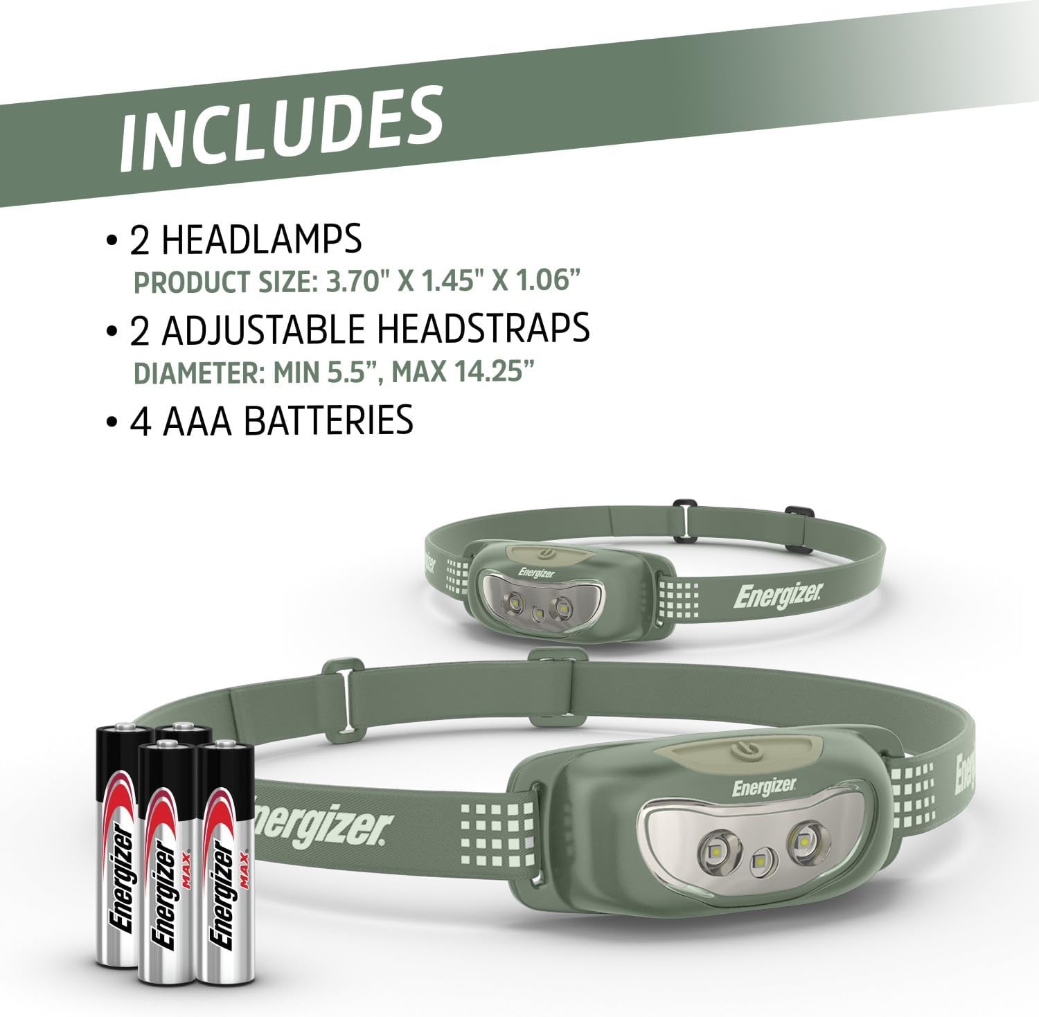 image:imageEnergizer Universal LED Headlamp 2Pack IPX4 Water Resistant Headlamps Bright Head Light for Outdoors Camping Running Storm Survival LED Light for Emergencies Batteries IncludedCamp Green